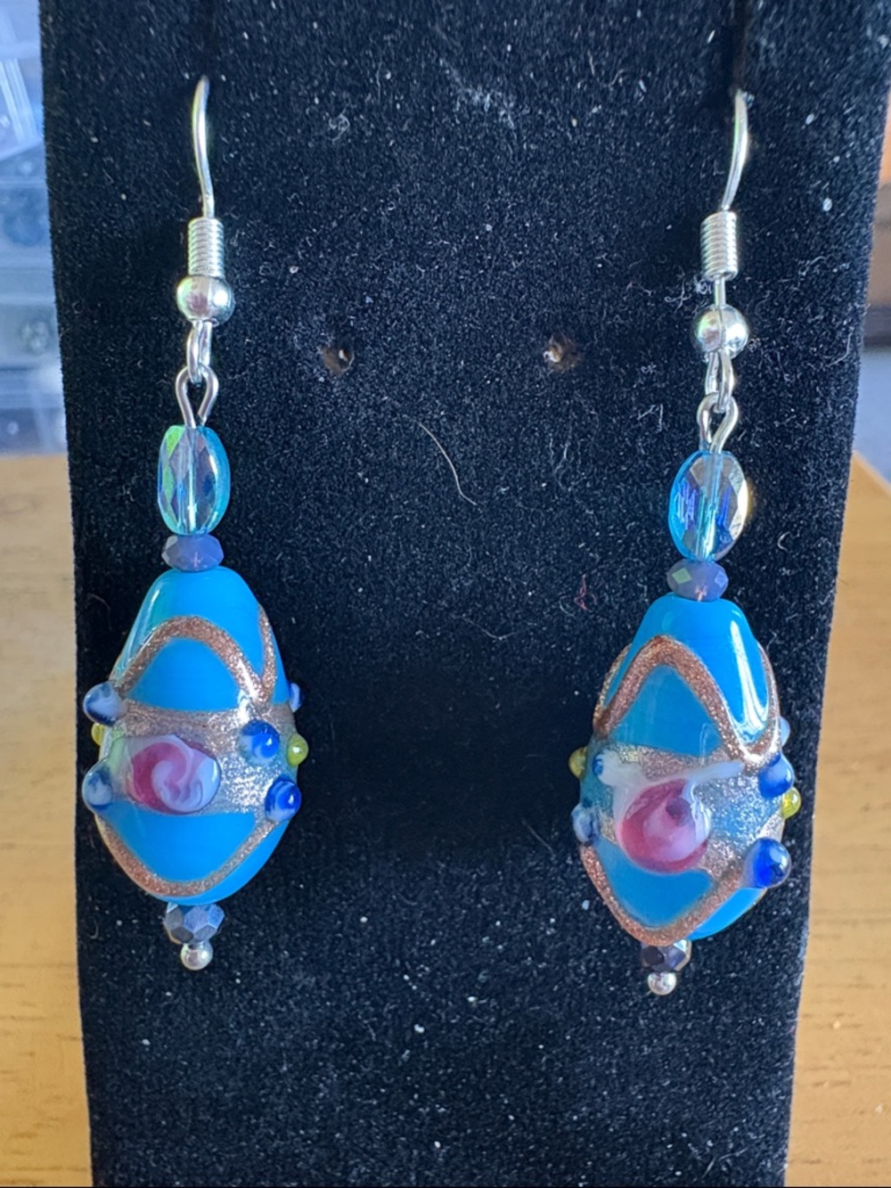 Hand Crafted Blue Glass Birhday Cake Bead Earrings with Pink & Silver Accents